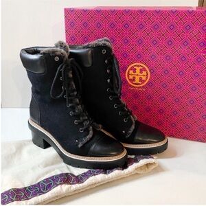 New Tory Burch Miller 60MM Black Lug Sole Shearling Boots Size 7.5